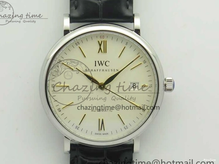 MIROTIME 0523 Affordable Portofino IW356501 SS V3 MK 1:1 Best Edition White Dial Gold Markers On Black Leather Strap MIYOTA 7196